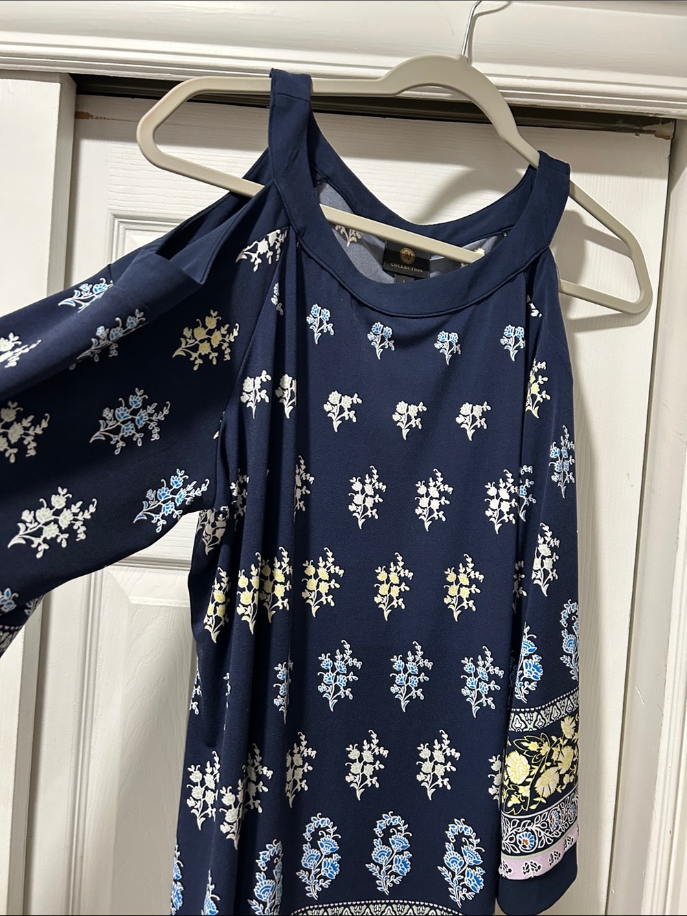 JM Collection Navy Floral Cold-Shoulder Blouse with Cream & Yellow Motifs